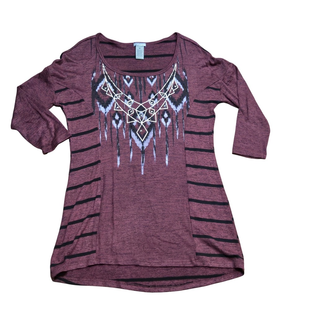 New Directions Weekend Burgundy Striped Ikat Studded 3/4 Sleeve Top Tunic M